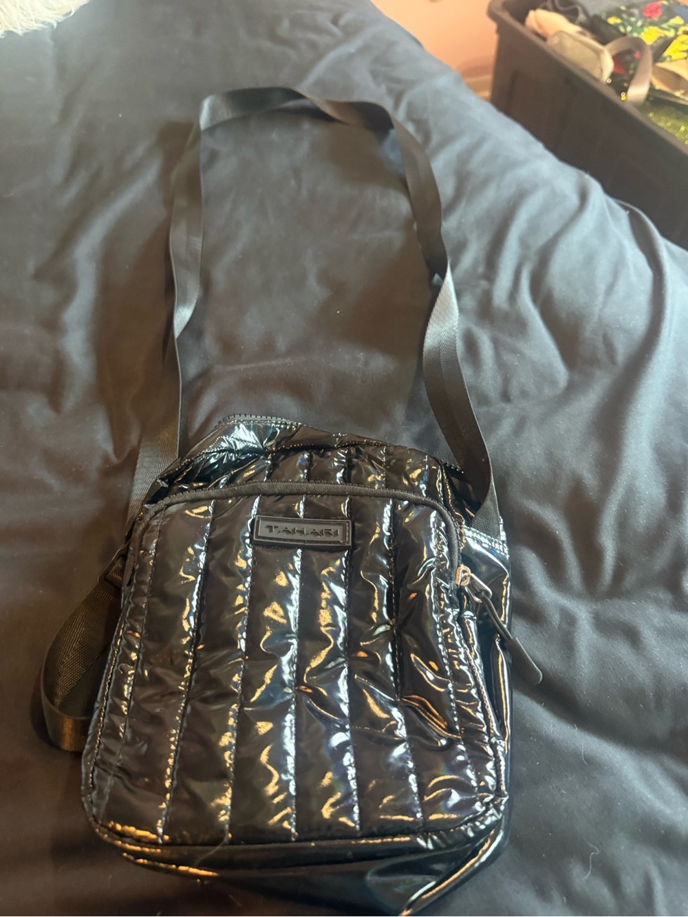 Tahari Black Quilted Patent Crossbody Bag - Picture 1 of 5
